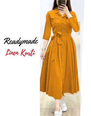 Readymade Linen Shirt for Girls - Mustard