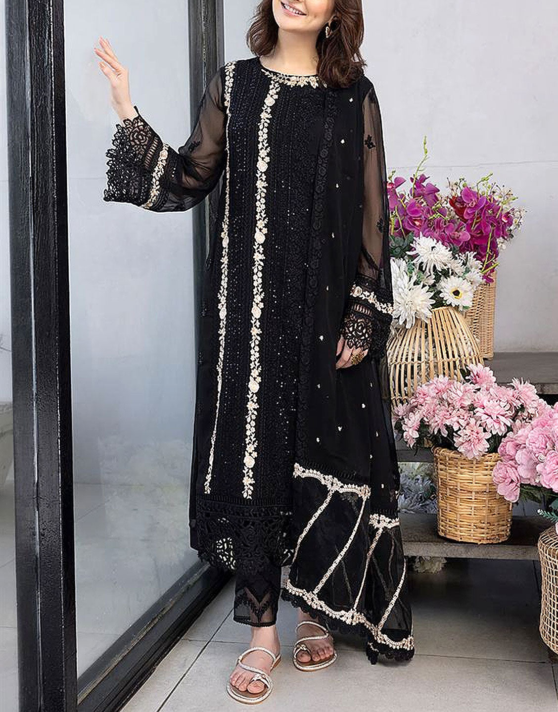 Heavy Embroidered Black Chiffon Wedding Dress with Inner