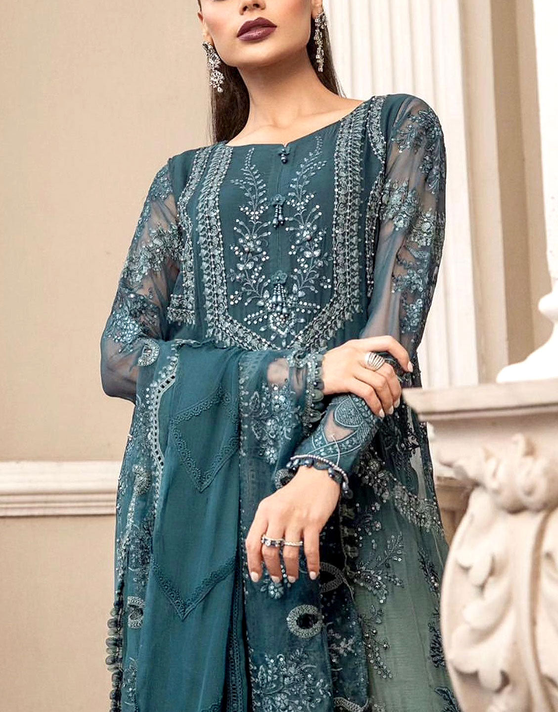 Heavy Embroidered 2-Tone Chiffon Wedding Dress with Luxury Handwork Design