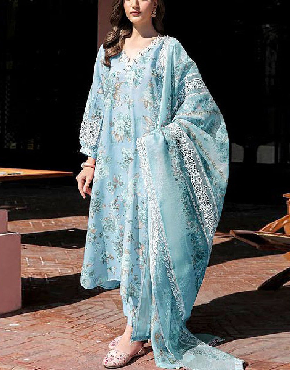 Digital Print Embroidered Swiss Lawn Dress with Organza Dupatta