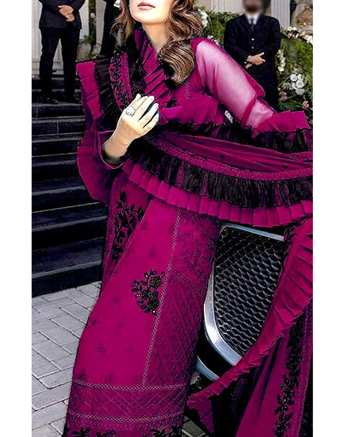 Heavy Embroidered Magenta Chiffon Party Wear Dress