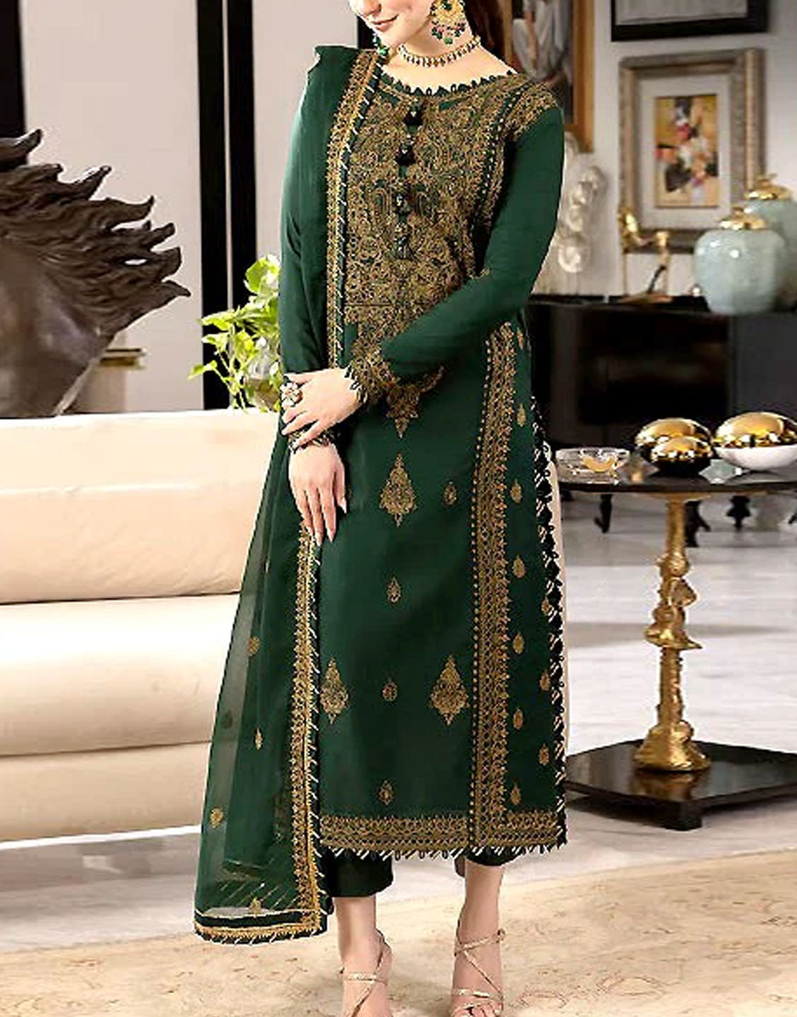 Premium Heavy Embroidered Bottle Green Chiffon Dress