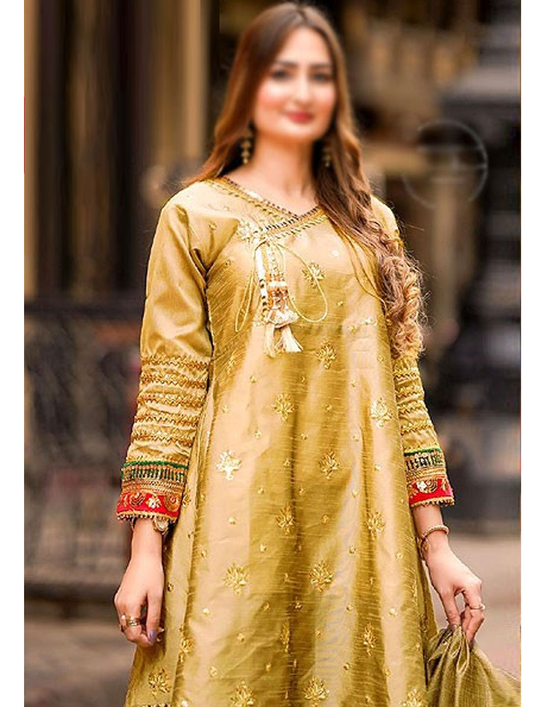 Ready-to-Wear Angrakha Style Embroidered Raw Silk Party Wear Dress