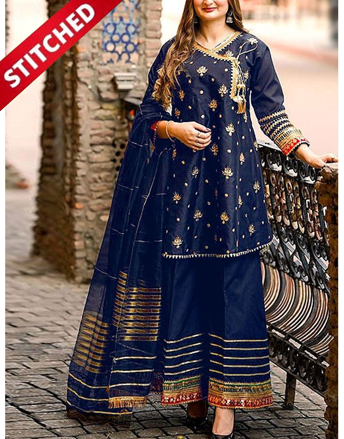 Ready-to-Wear Angrakha Style Embroidered Raw Silk Party Wear Dress 2024