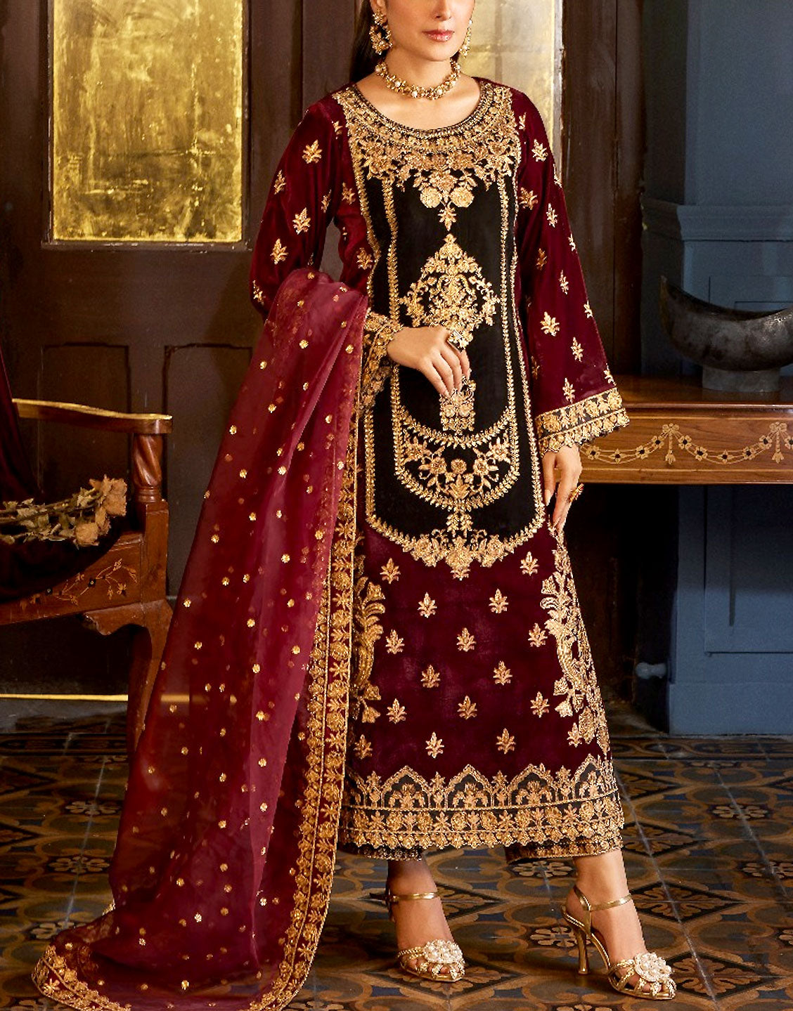 Glamorous Heavy Embroidered Velvet Wedding Dress Design 2024