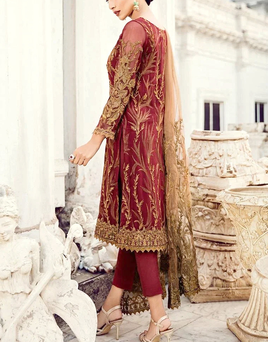 Luxury Heavy Embroidered Chiffon Wedding Dress with Net Dupatta