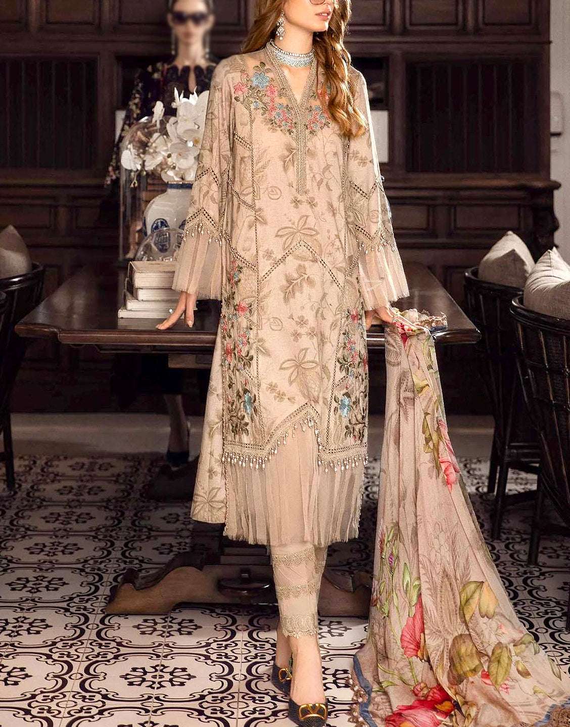 Elegant Embroidered Lawn Suit with Printed Chiffon Dupatta