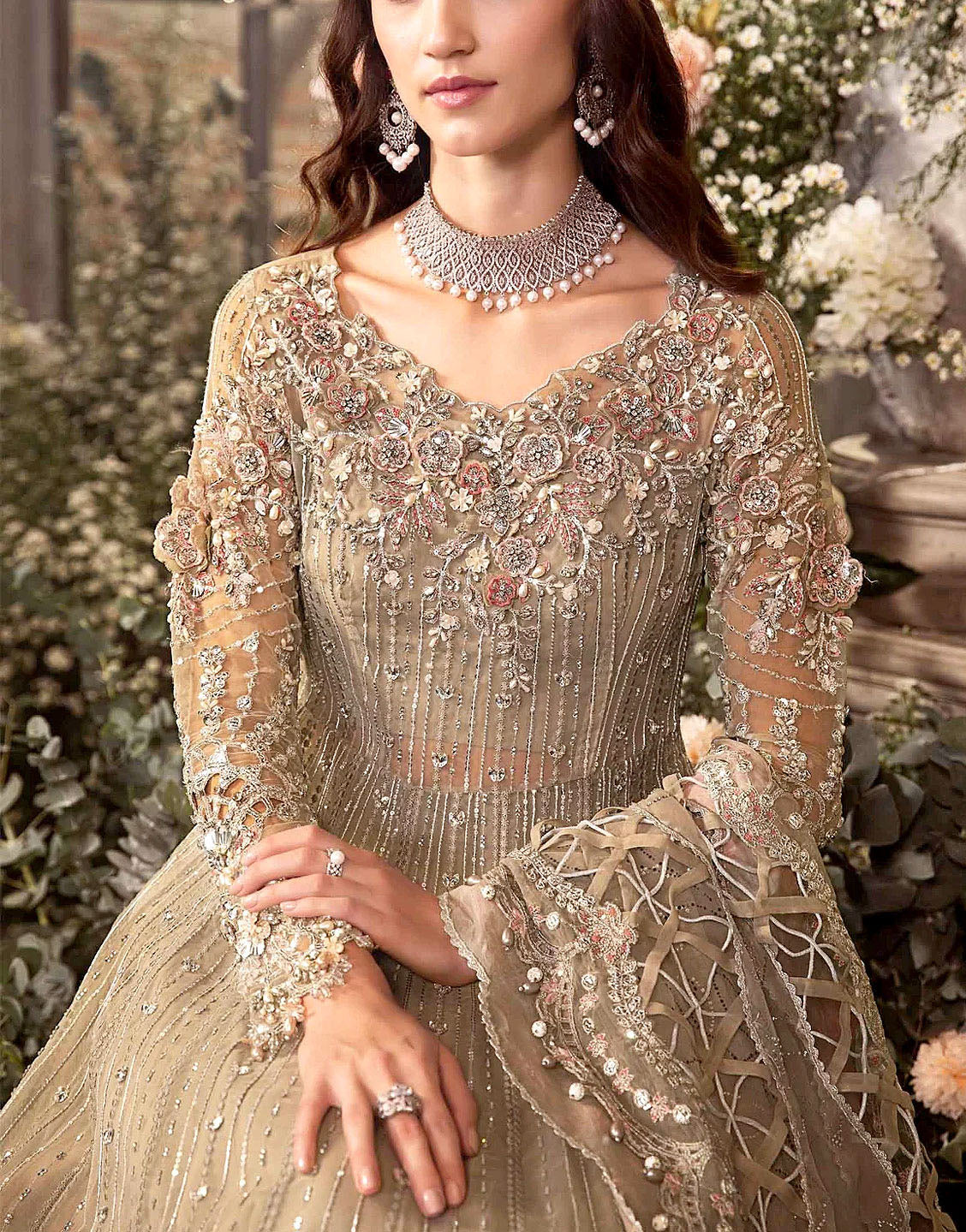 Luxurios 3D Handwork Heavy Embroidered Organza Bridal Maxi Dress