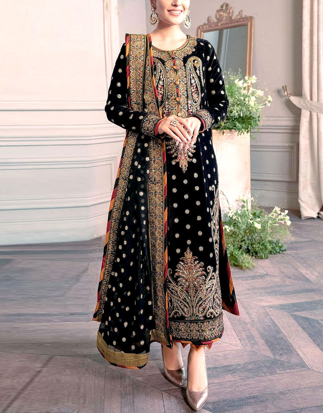 Luxury Heavy Embroidered Black Velvet Wedding Dress