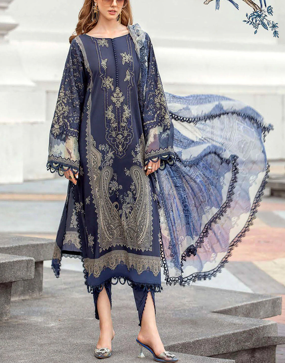 Embroidered Lawn Dress with Chiffon Dupatta 2024
