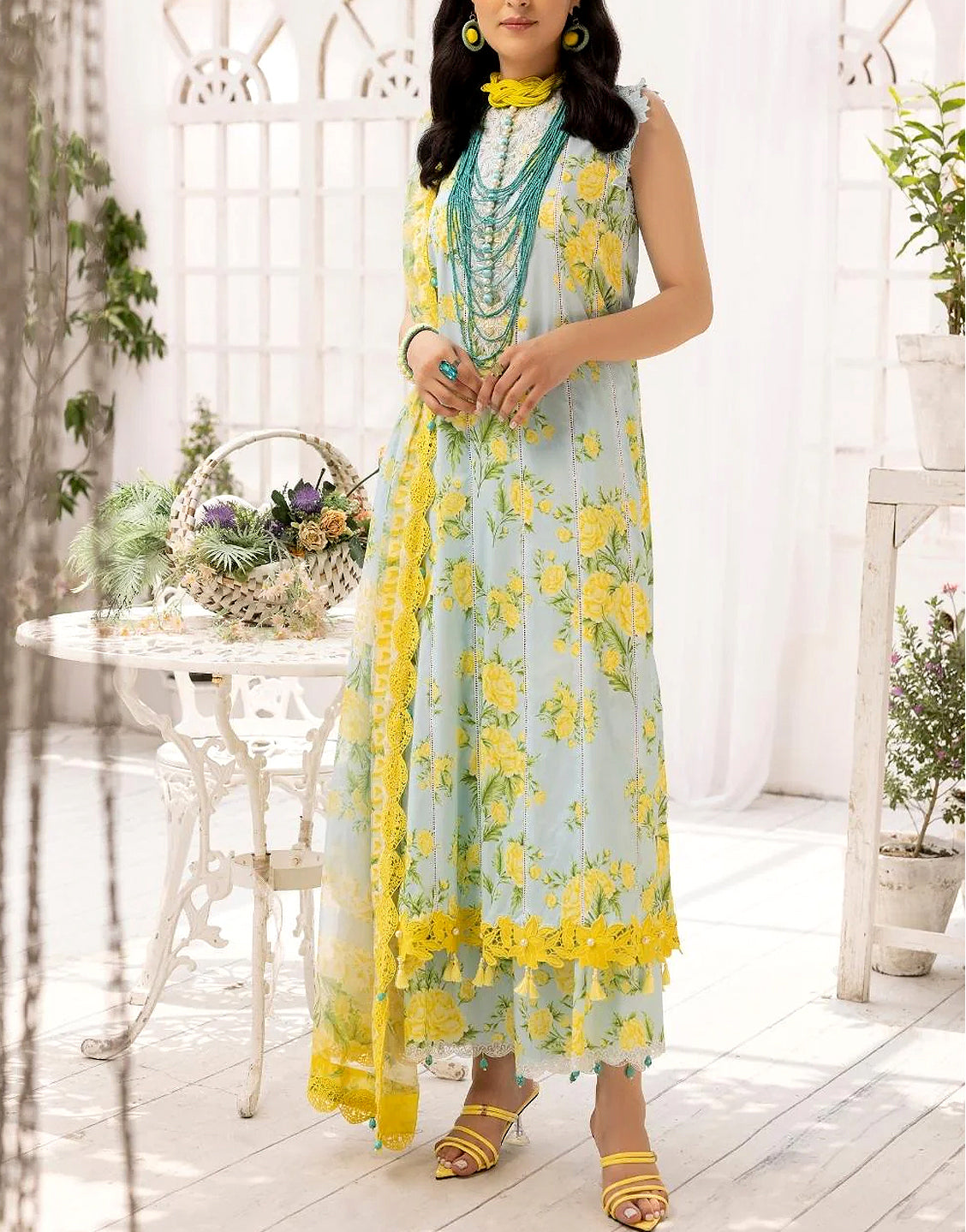 Digital Print Embroidered Swiss Lawn Dress with Silk Dupatta
