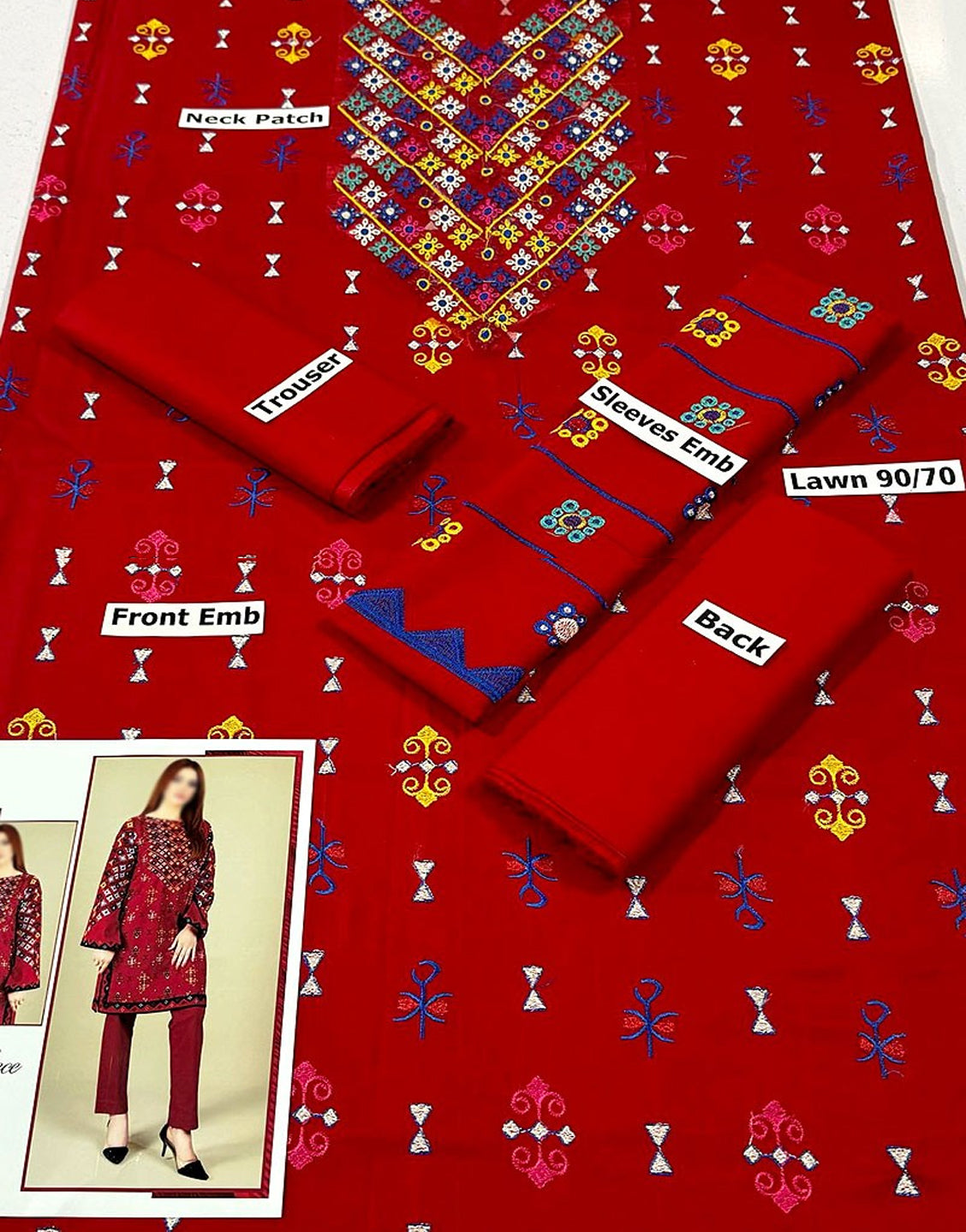 Elegant 2-Piece Embroidered Red Lawn Dress