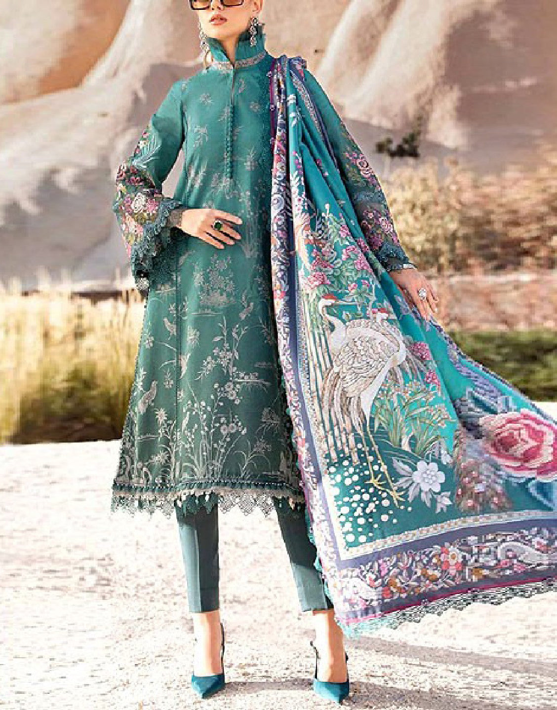 Elegant Embroidered Lawn Dress with Digital Print Silk Dupatta