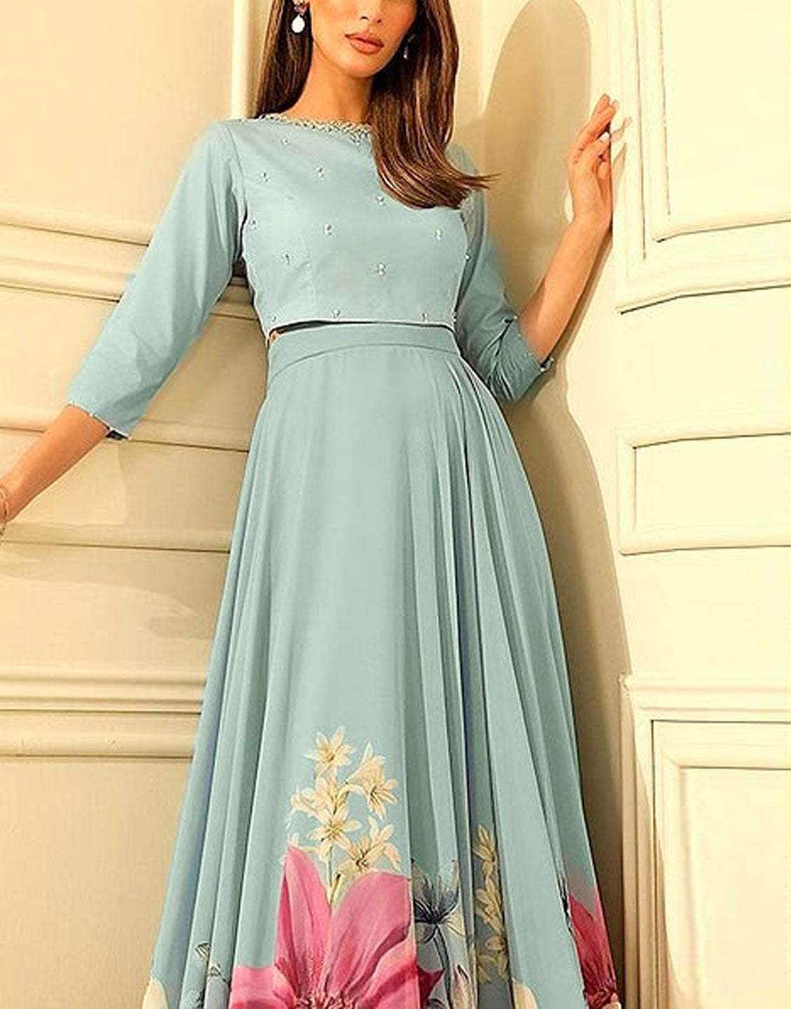 Digital Floral Print Silk Maxi Dress with Printed Silk Dupatta