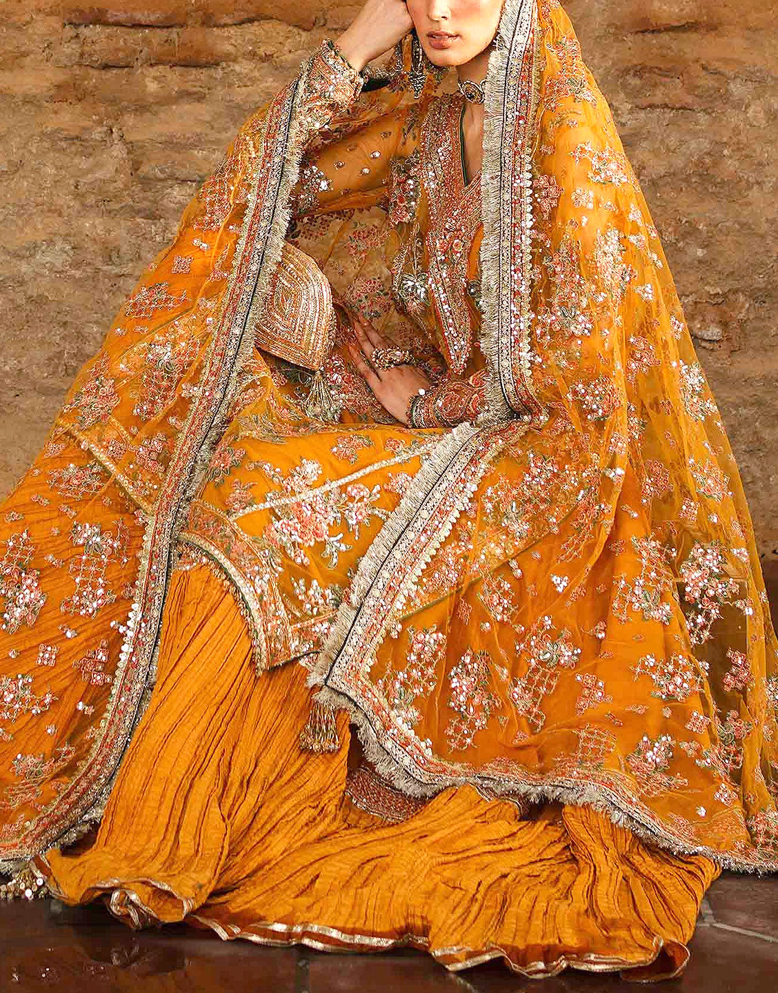 Luxury Handwork Embroidered Net Wedding Dress with Crushed Silk Gharara