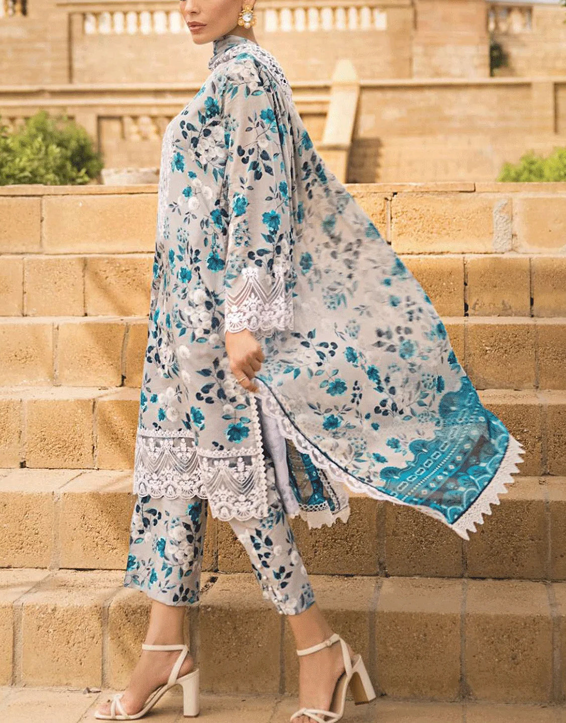 Digital Print Embroidered Swiss Lawn Dress with Organza Dupatta