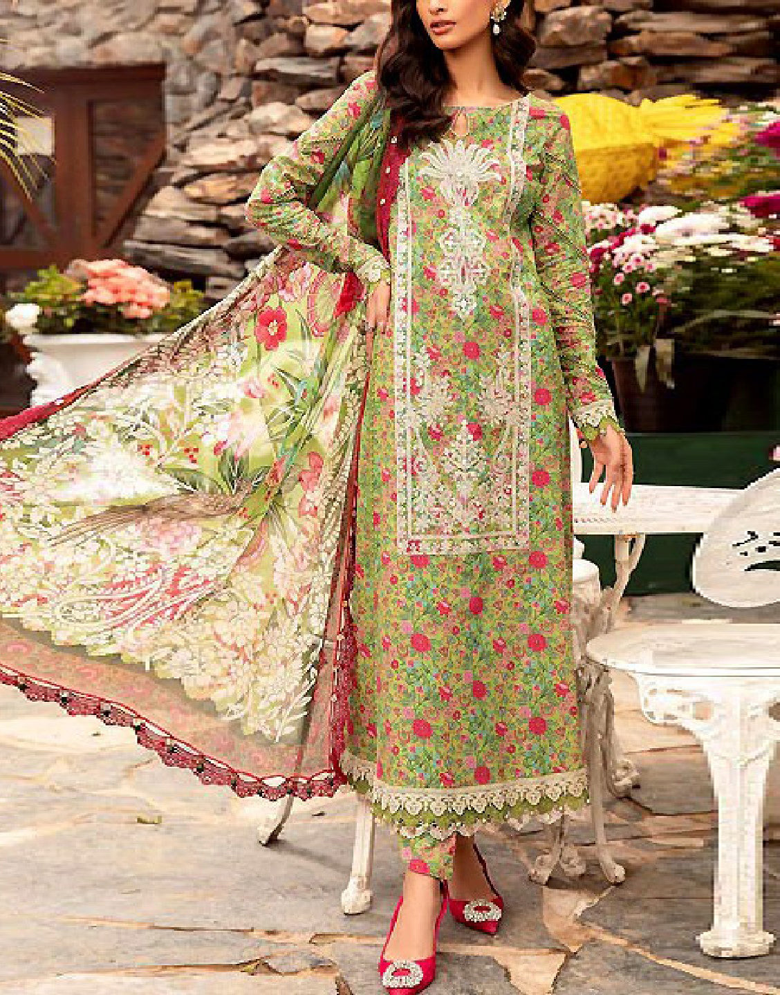 All-Over Print Embroidered Lawn Dress 2024 with Chiffon Dupatta