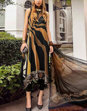 Digital Print Embroidered Swiss Lawn Dress with Silk Dupatta