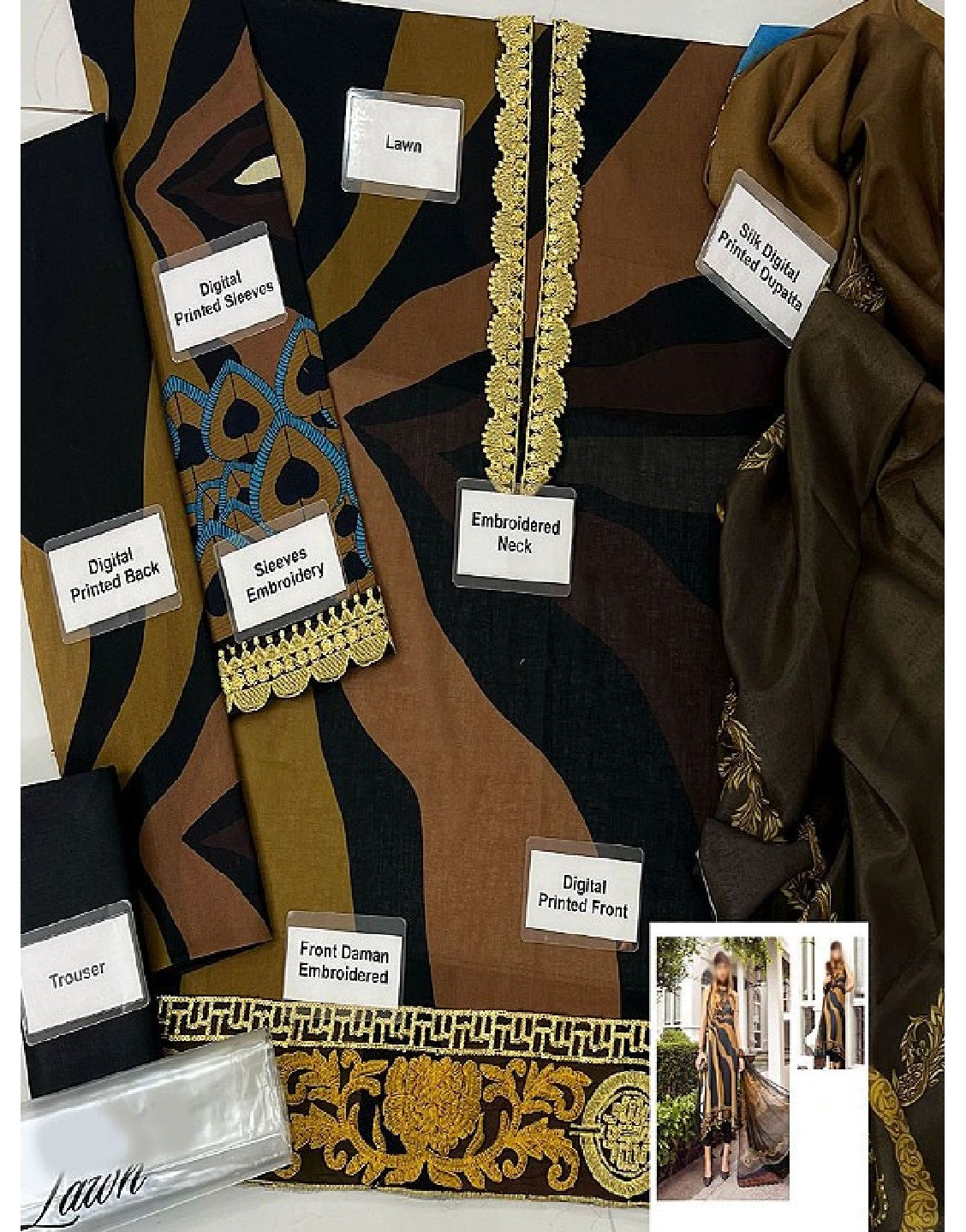 Digital Print Embroidered Swiss Lawn Dress with Silk Dupatta