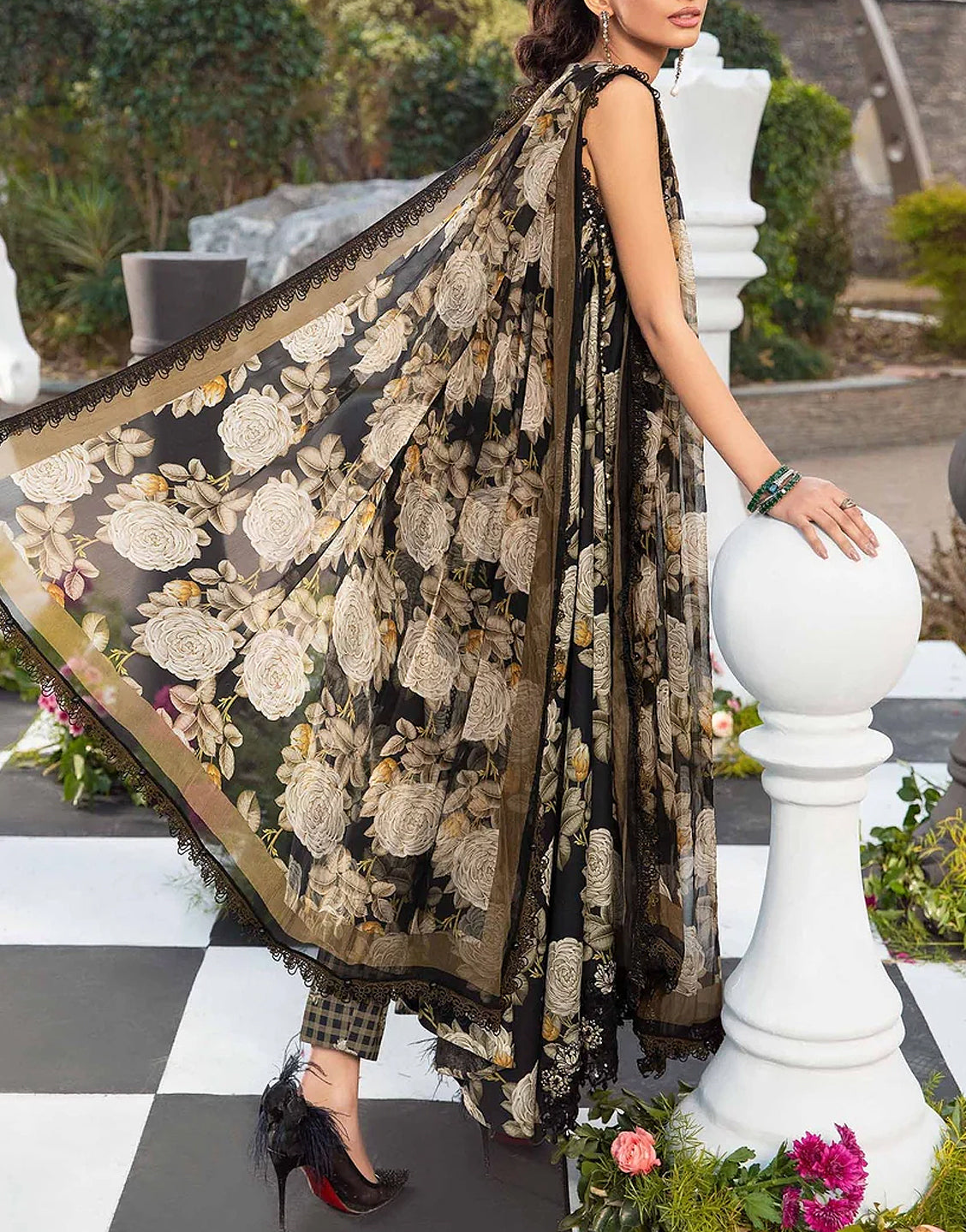 Digital Floral Print Embroidered Lawn Dress with Chiffon Dupatta