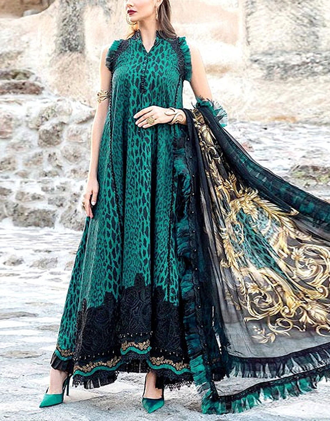 All-Over Digital Print Embroidered Lawn Dress with Silk Dupatta