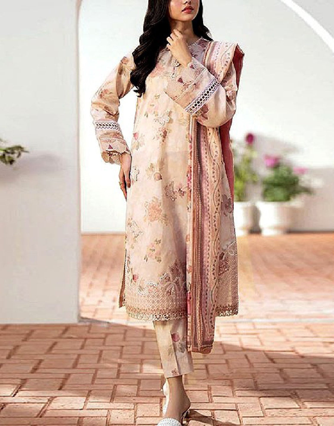 pink lawn dress design Provence Hostess Dress CreamPink | Size XXL