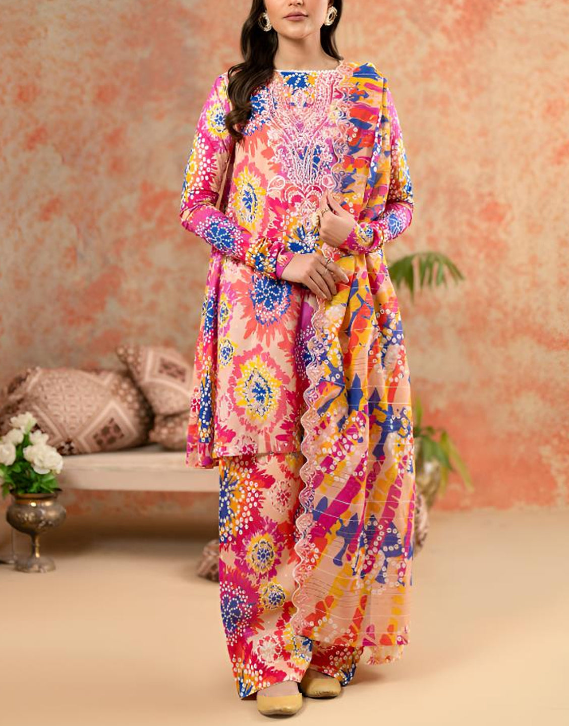 Digital All-Over Chunri Print Lawn Dress with Diamond Dupatta