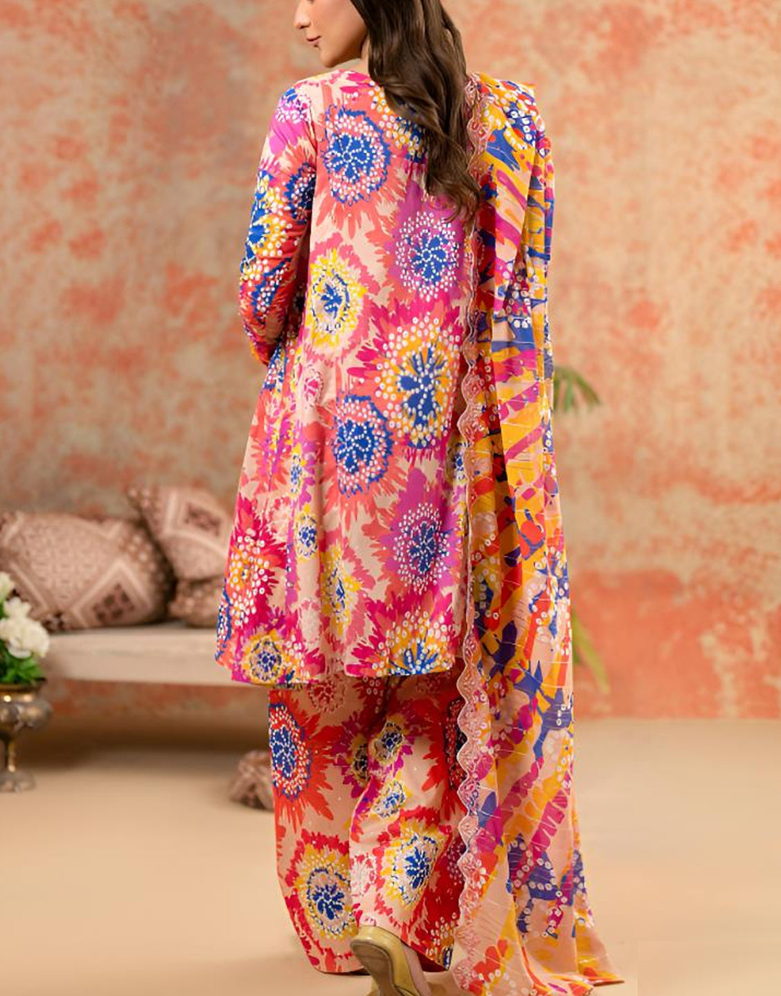 Digital All-Over Chunri Print Lawn Dress with Diamond Dupatta