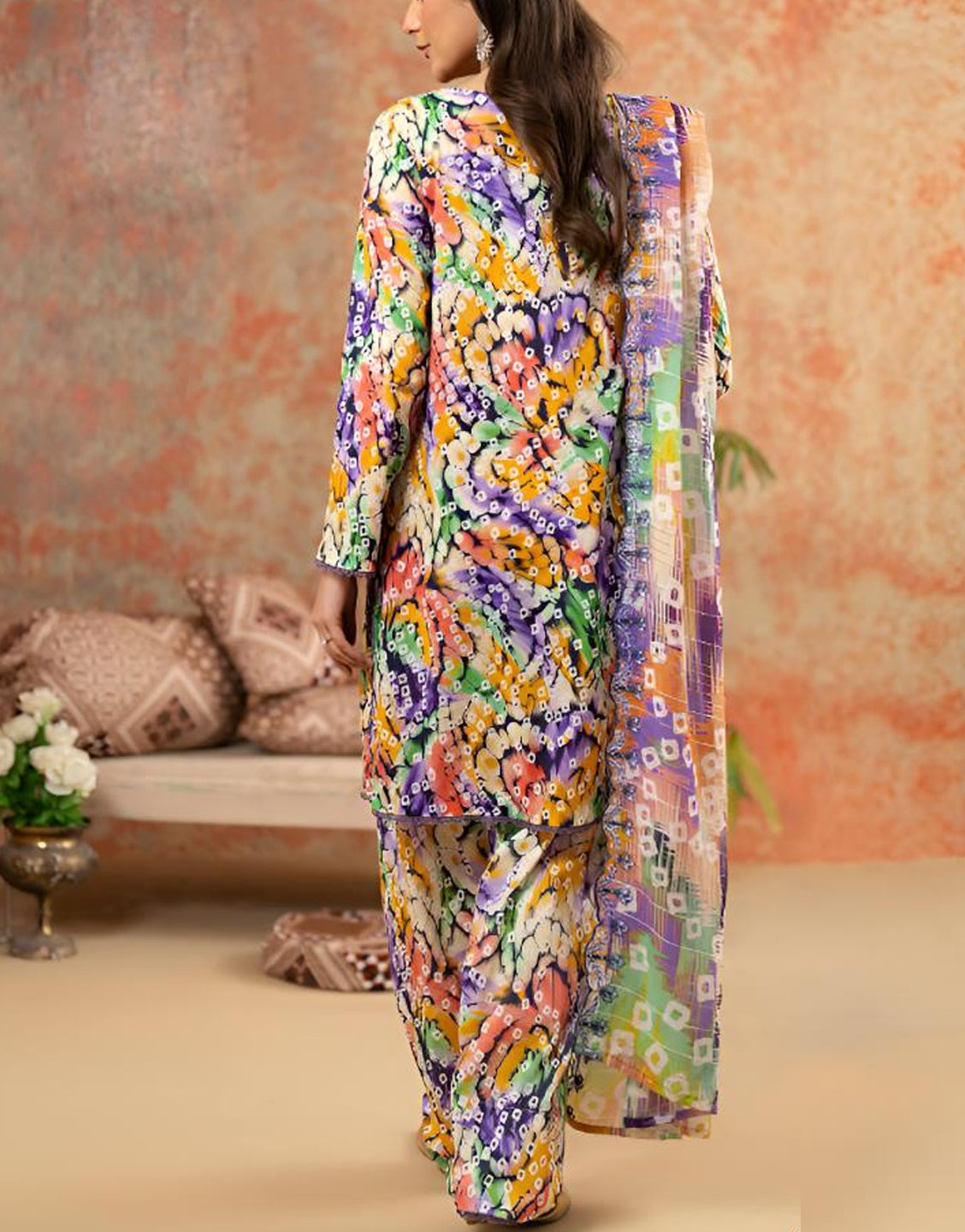 Digital All-Over Chunri Print Lawn Dress with Diamond Dupatta