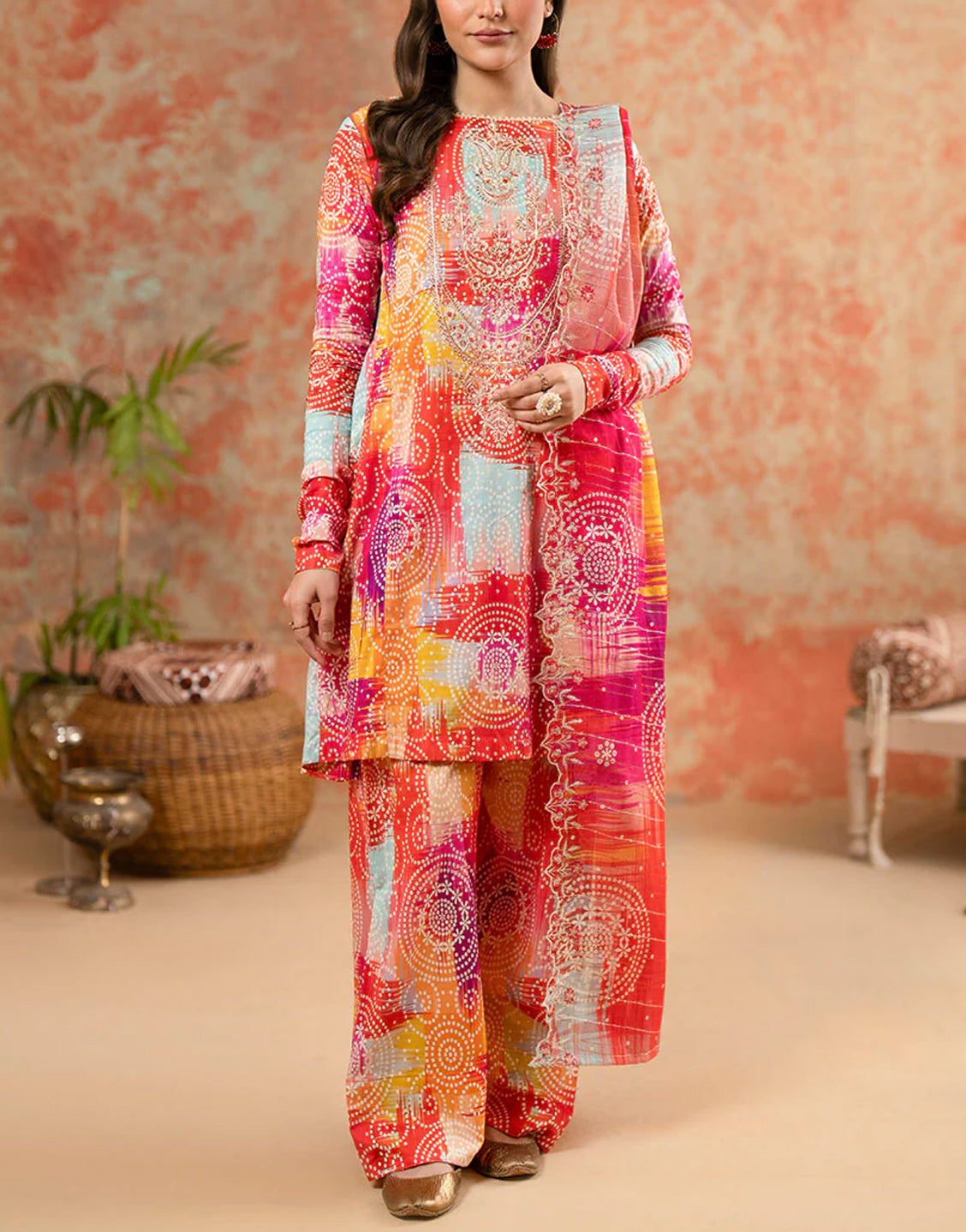Digital All-Over Chunri Print Lawn Dress with Diamond Dupatta