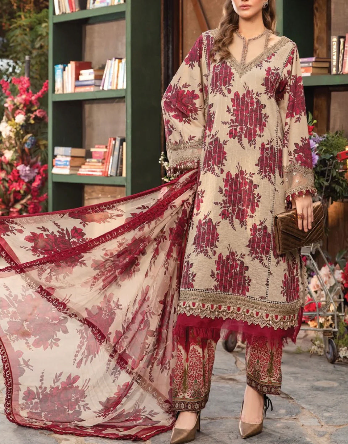 All-Over Print Embroidered Lawn Dress 2024 with Chiffon Dupatta