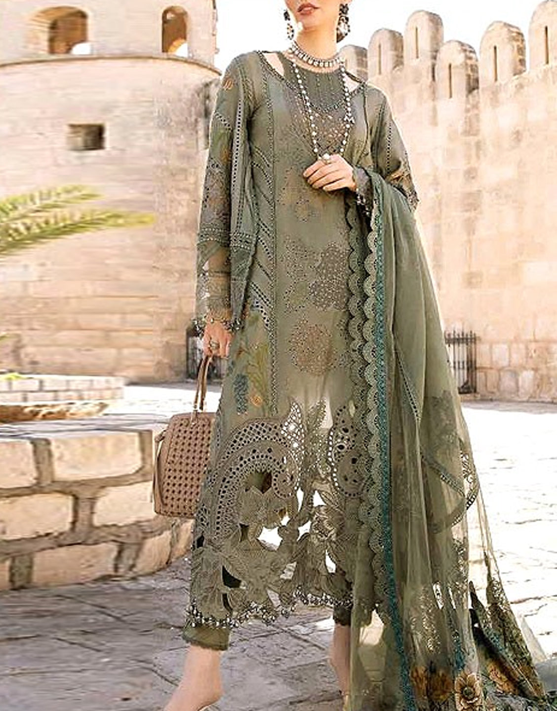 Luxury Heavy Schiffli Embroidered Lawn Dress with Embroidered Net