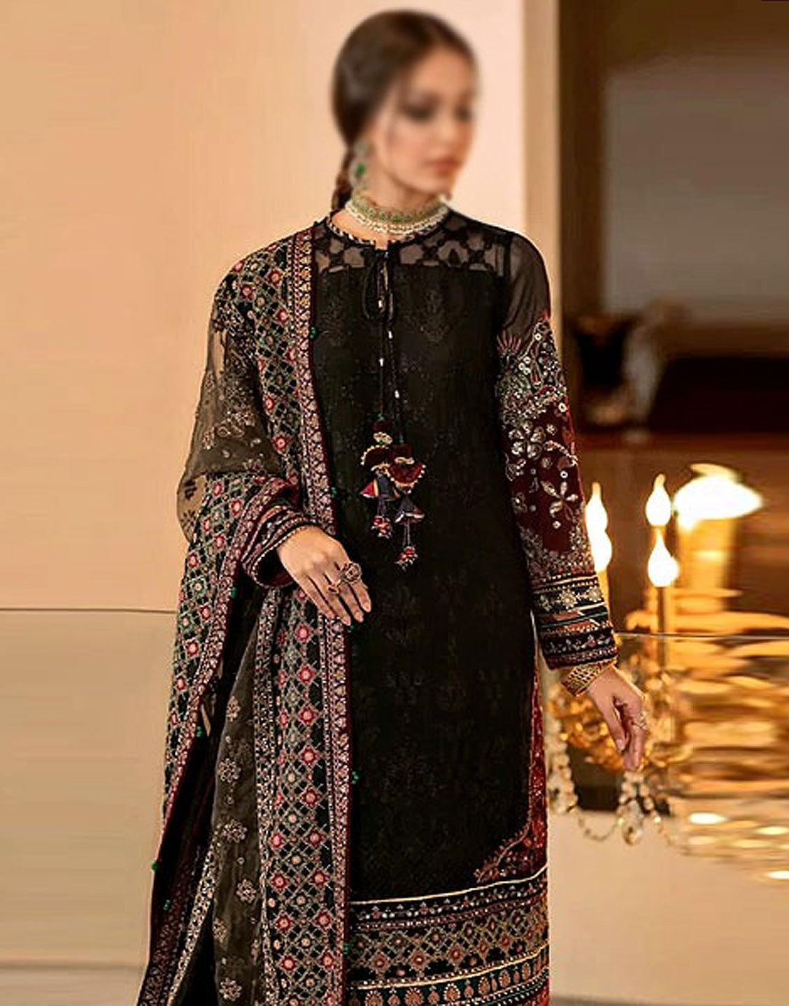 Heavy Sequins Embroidered Black Cotton Dress with Printed Diamond Dupatta