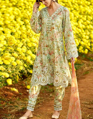 Digital Print Schiffli Embroidered Lawn Suit with Printed Silk Dupatta