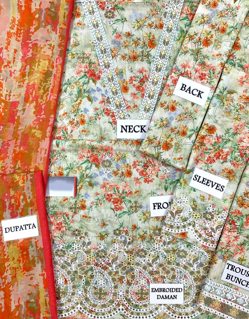 Digital Print Schiffli Embroidered Lawn Suit with Printed Silk Dupatta