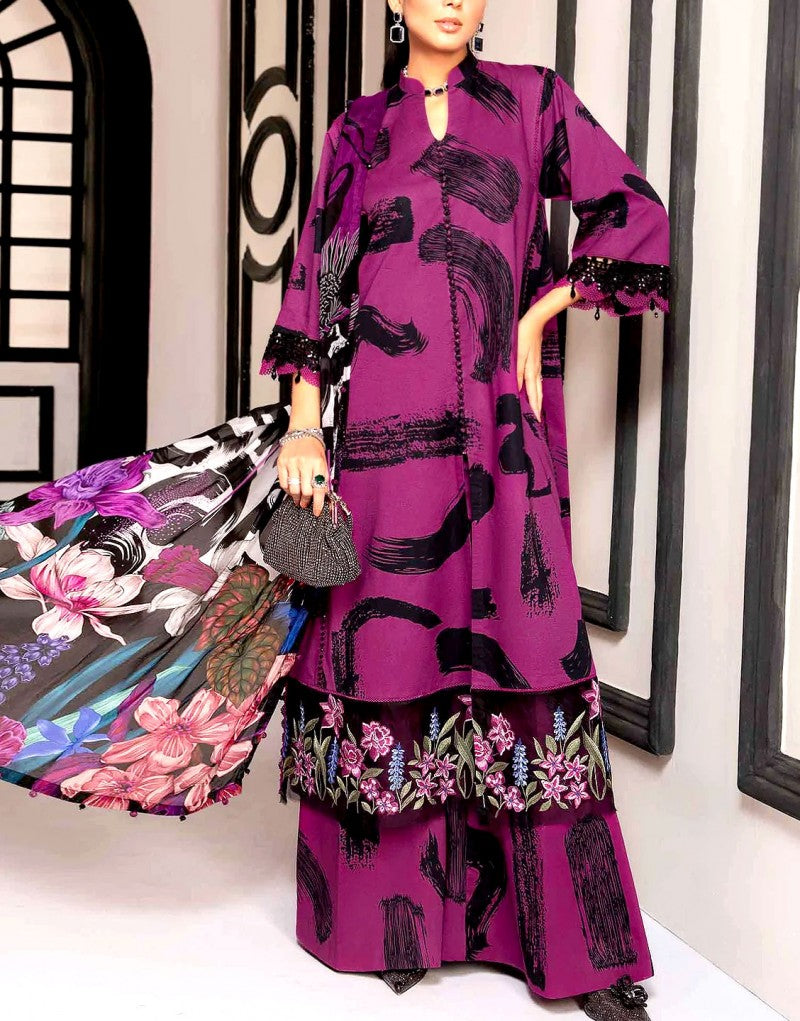 All-Over Print Embroidered Lawn Dress 2024 with Chiffon Dupatta