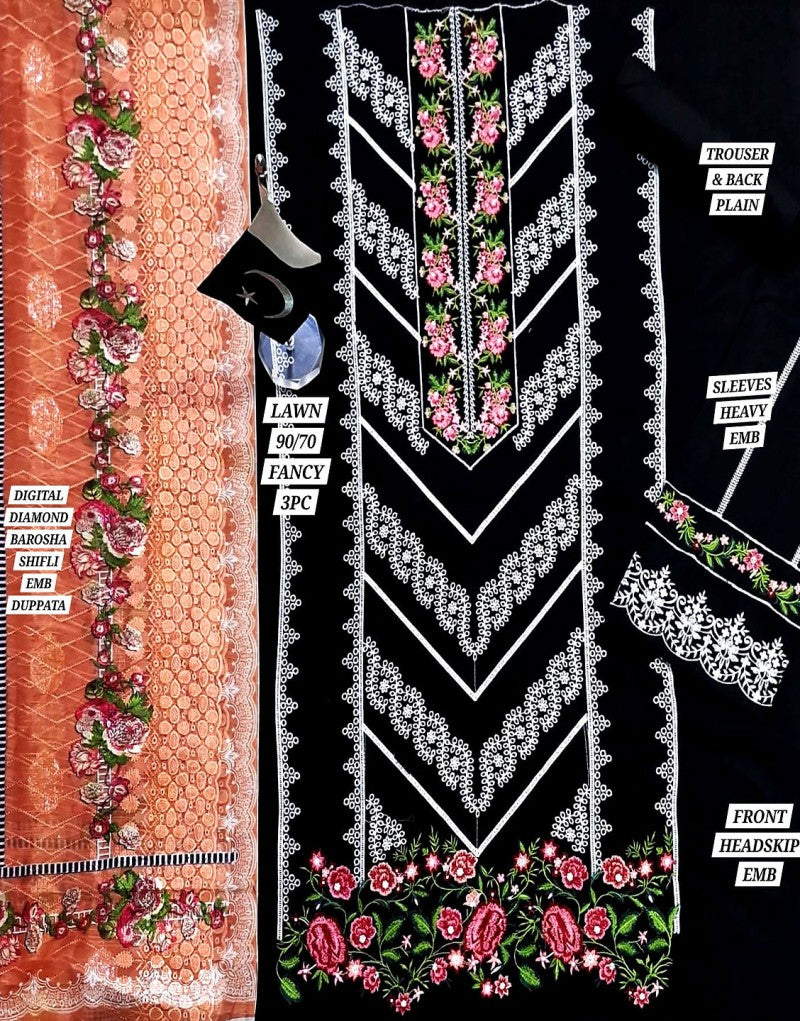 Heavy Embroidered Black Lawn Dress with Emb. Brochia Dupatta