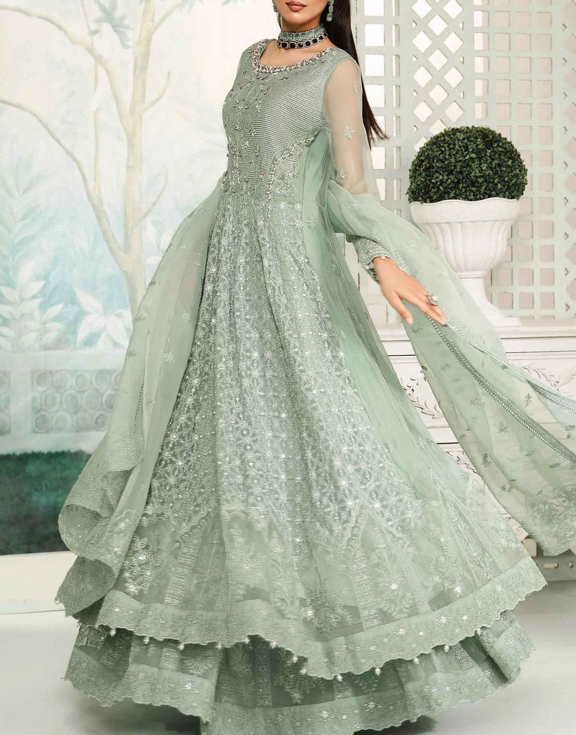 open lace back dress Maria B Bamber Chiffon Party Wear Maxi Dress