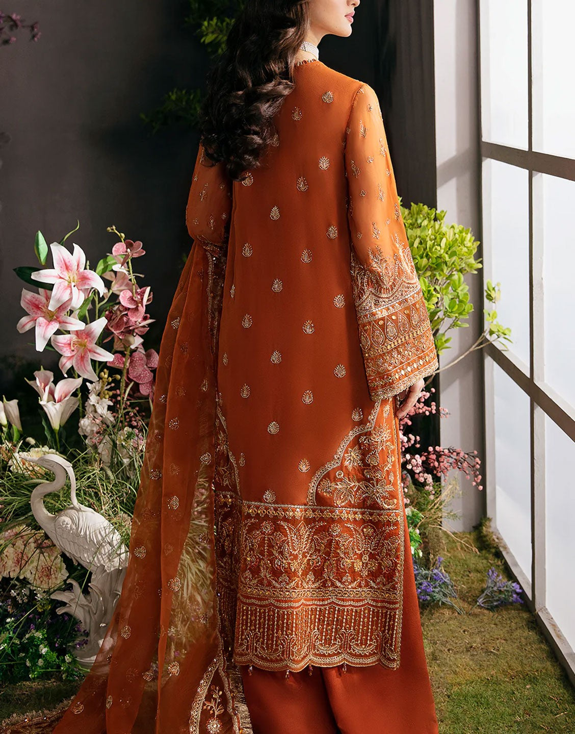 Afrozeh La Fuchsia Chiffon Party Wear Dress | 517-RUSSET