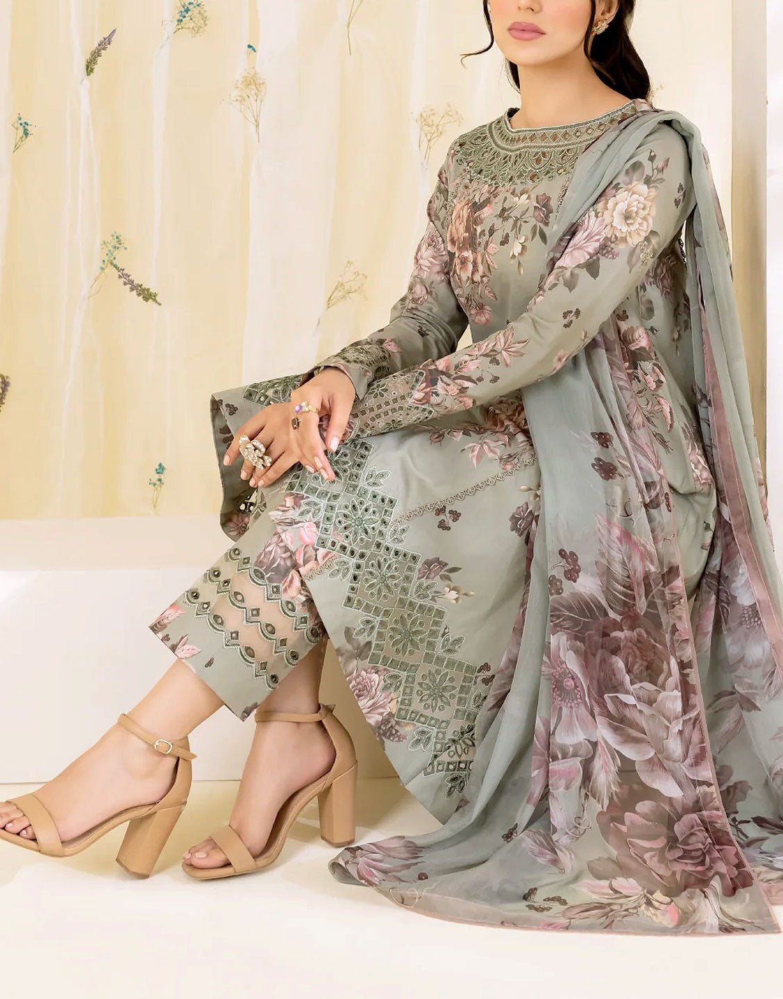 All-Over Digital Print Embroidered Lawn Dress with Silk Dupatta
