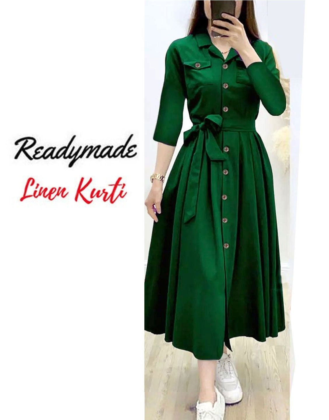 Readymade Linen Shirt for Girls - Green