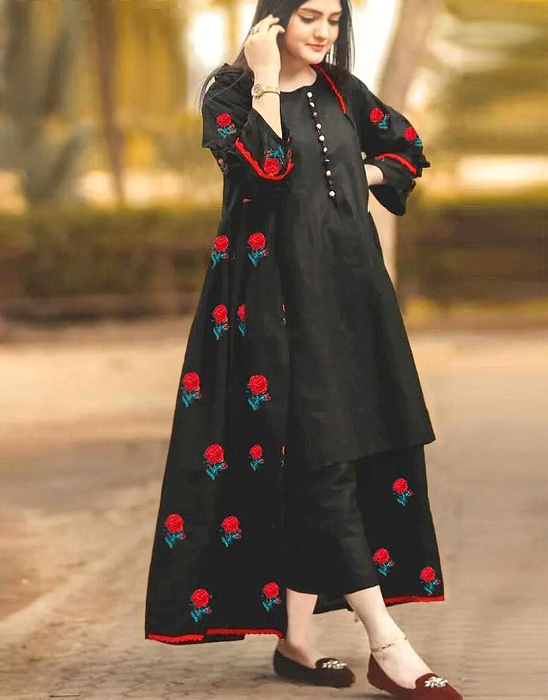 Readymade 3-Piece Flower Embroidered Gown Style Shamoz Silk Dress