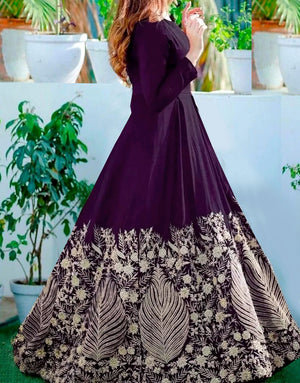 Readymade Embroidered Purple Chiffon Maxi with Inner