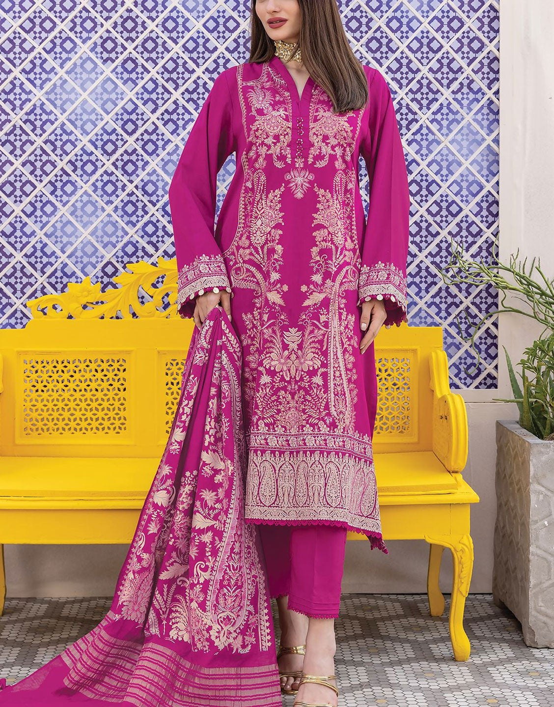 Khaadi 3 Piece Embroidered Cotton Satin Dress | BCS240208