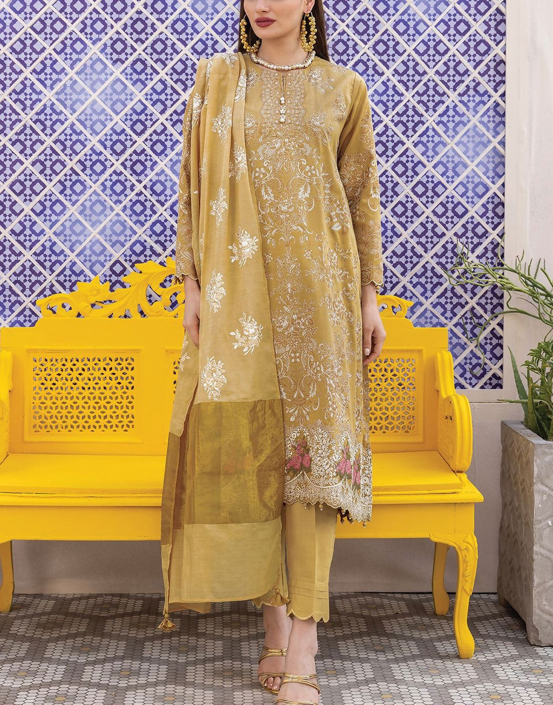 Khaadi 3 Piece Embroidered Cotton Satin Suit | BCS240206