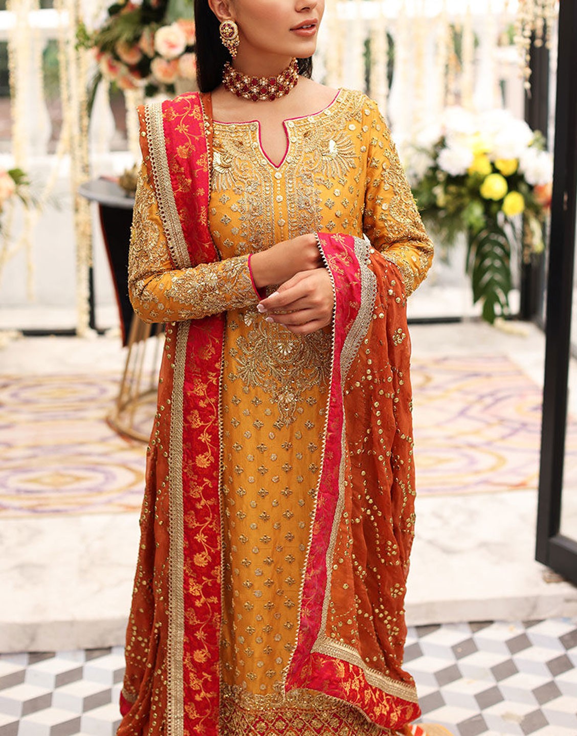 Aisha Imran Formal Raw Silk Mehndi Dress | BANO AIBFW22-1