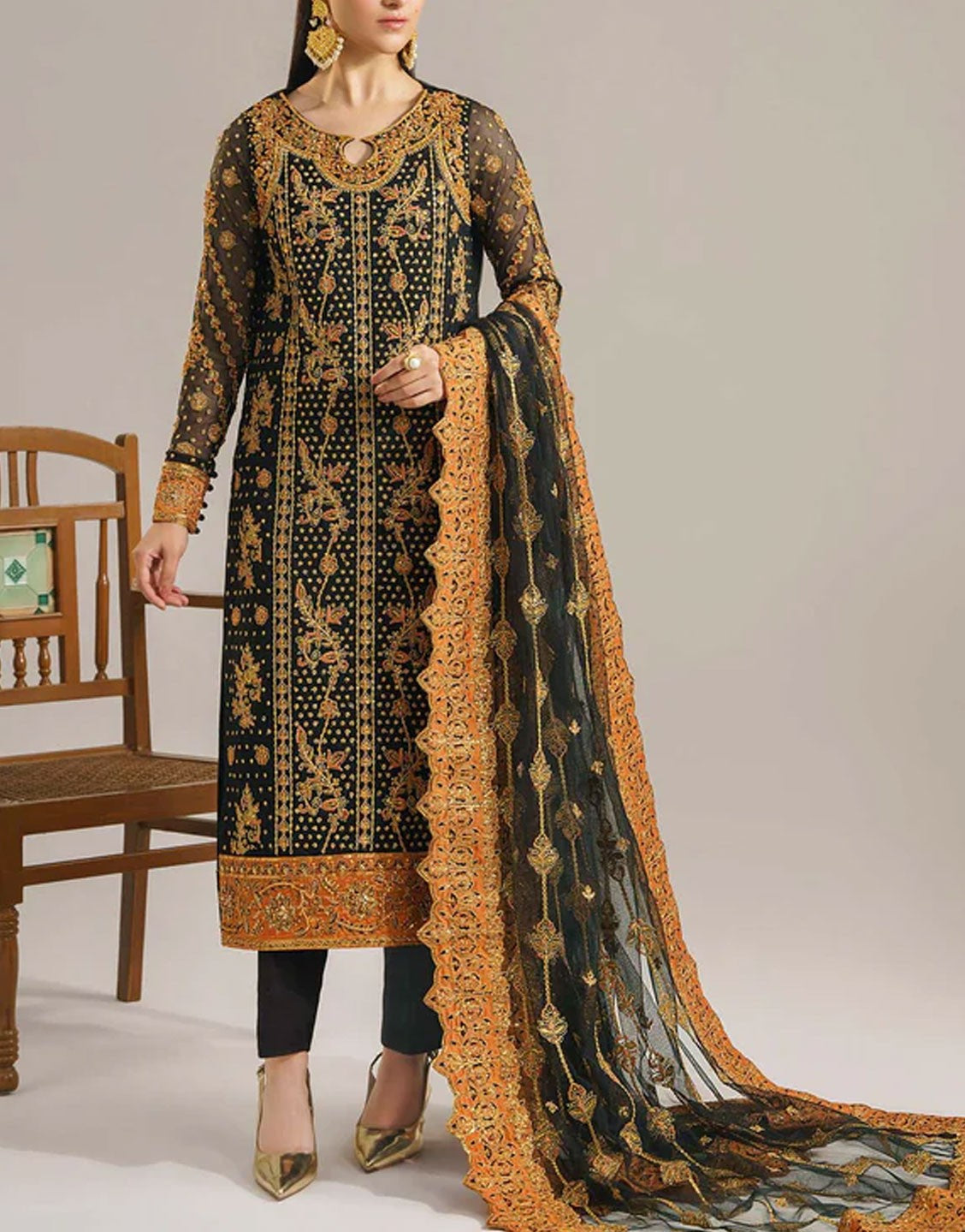 Akbar Aslam Luxury Embroidered Net Wedding Dress | ZEEBA U-1529