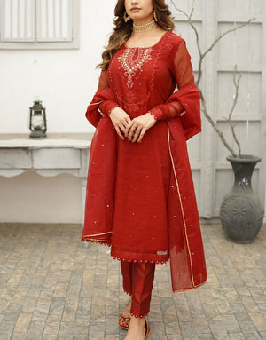 Amna Ismail 3 Piece Stitched Anaari Red Khaddi Net Dress