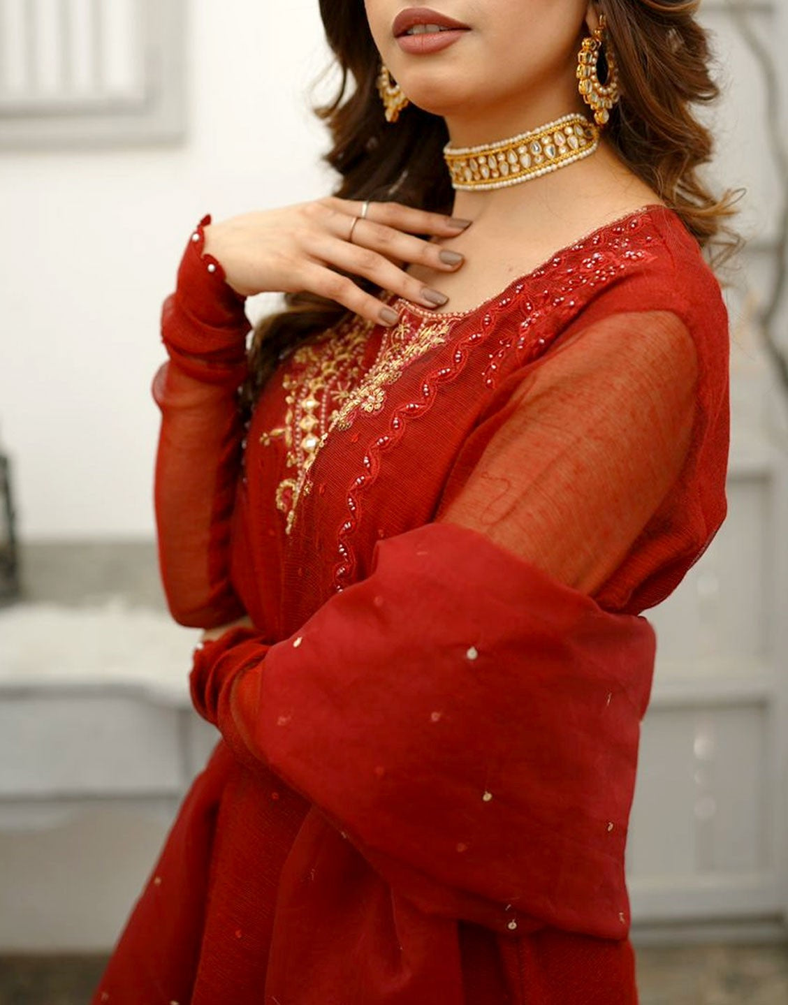 Amna Ismail 3 Piece Stitched Anaari Red Khaddi Net Dress