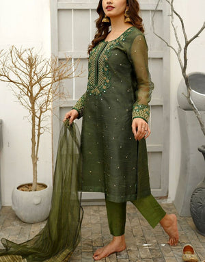 Amna Ismail 3 Piece Mehndi Green Khaddi Net Dress